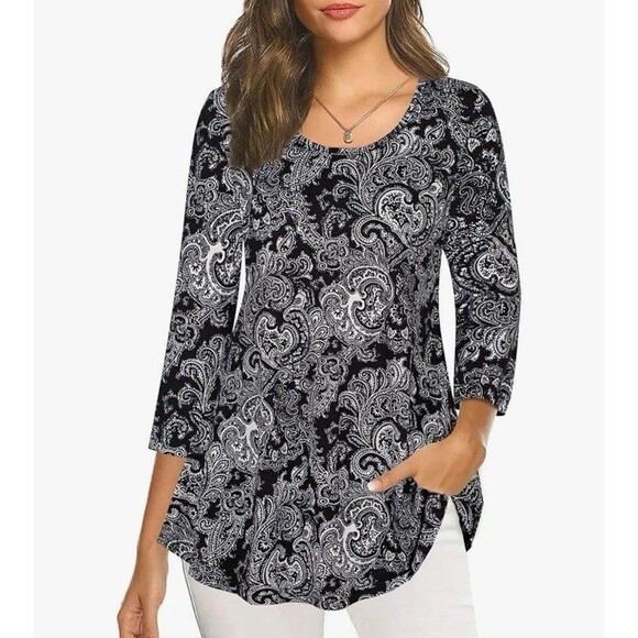 Nandashe Women 3/4 Sleeves Paisley Tunic Shirts Casual Dressy Blouse Tops Size L - Picture 1 of 16